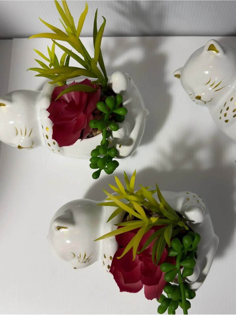 Modern Expressions White Ceramic Cat Planter w/ Faux Succulents